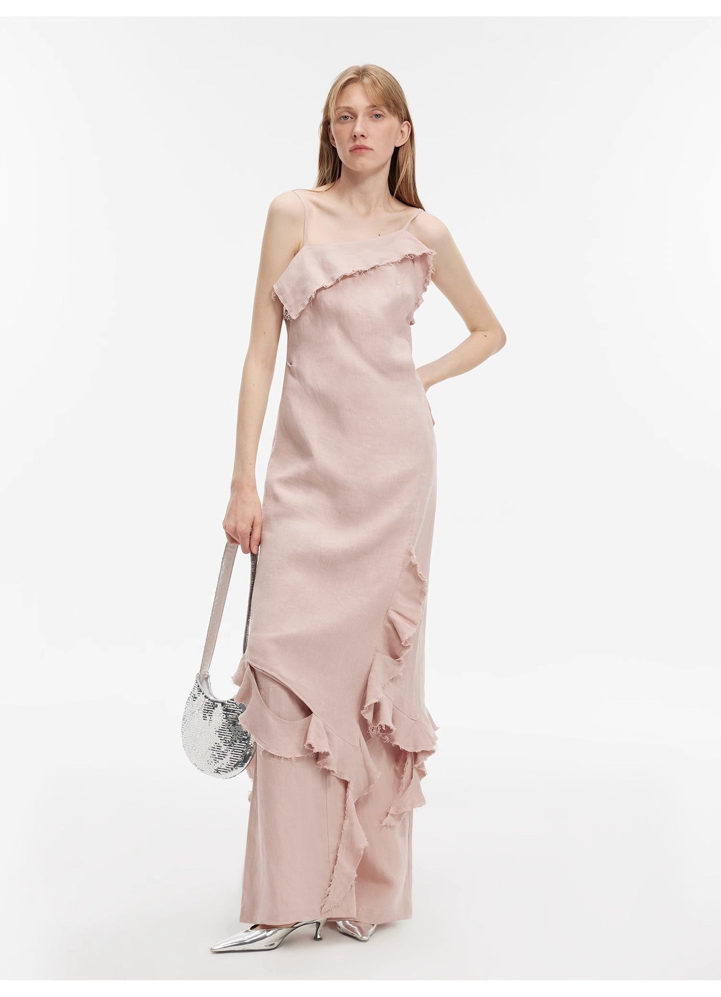 "Summer Whisper" Sand-Washed Linen Sling Ruffled Irregular Fit Sling Dress