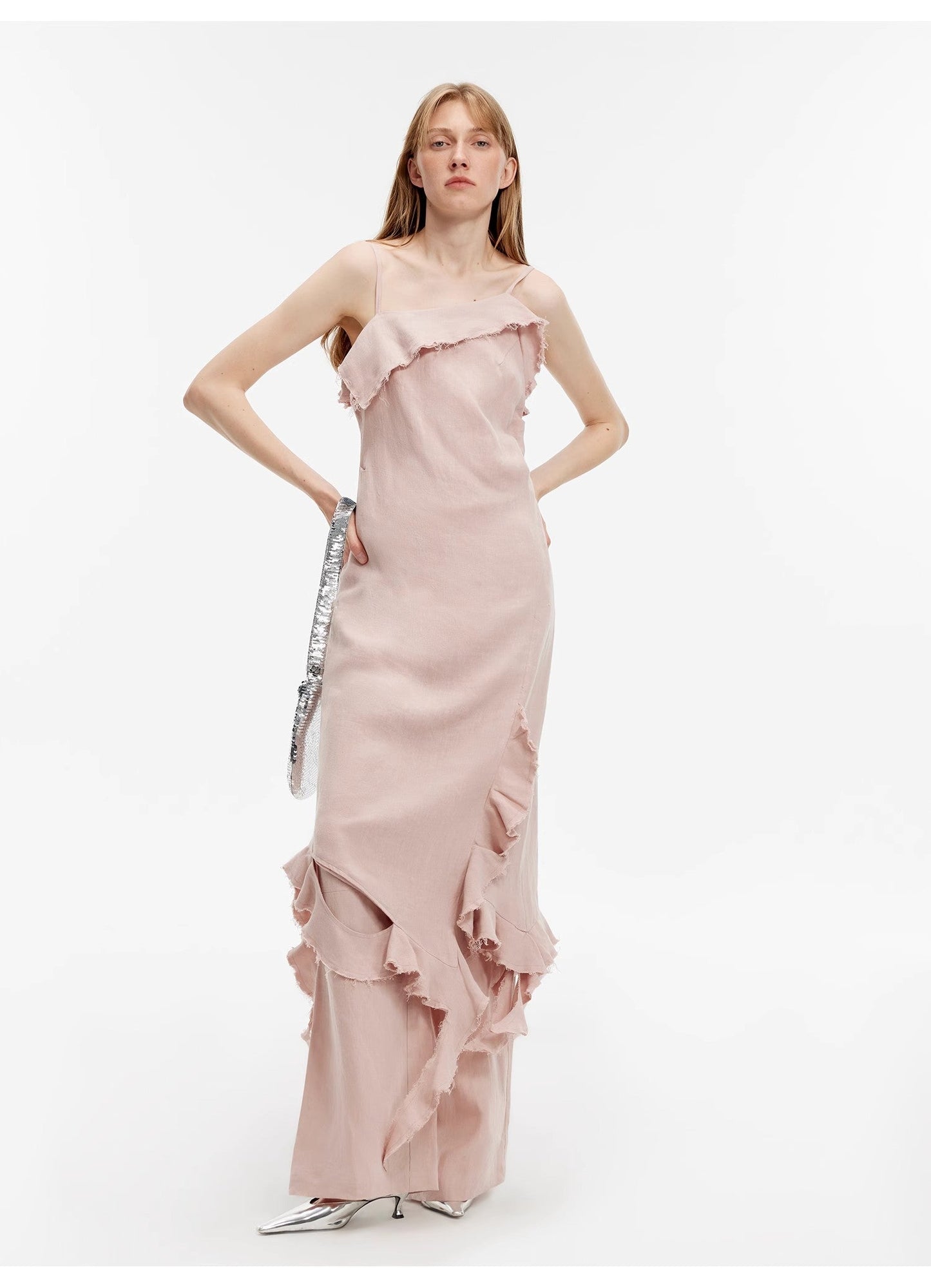 "Summer Whisper" Sand-Washed Linen Sling Ruffled Irregular Fit Sling Dress