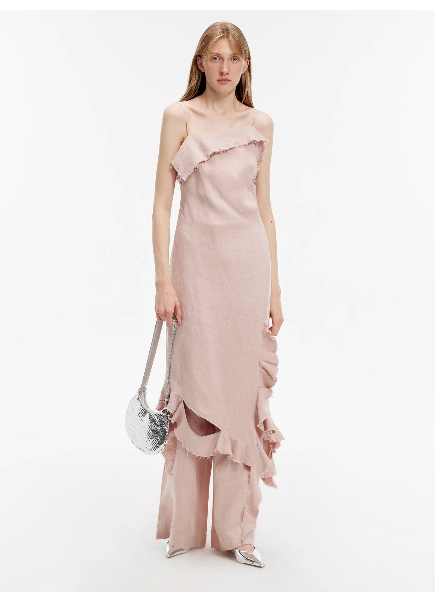 "Summer Whisper" Sand-Washed Linen Sling Ruffled Irregular Fit Sling Dress