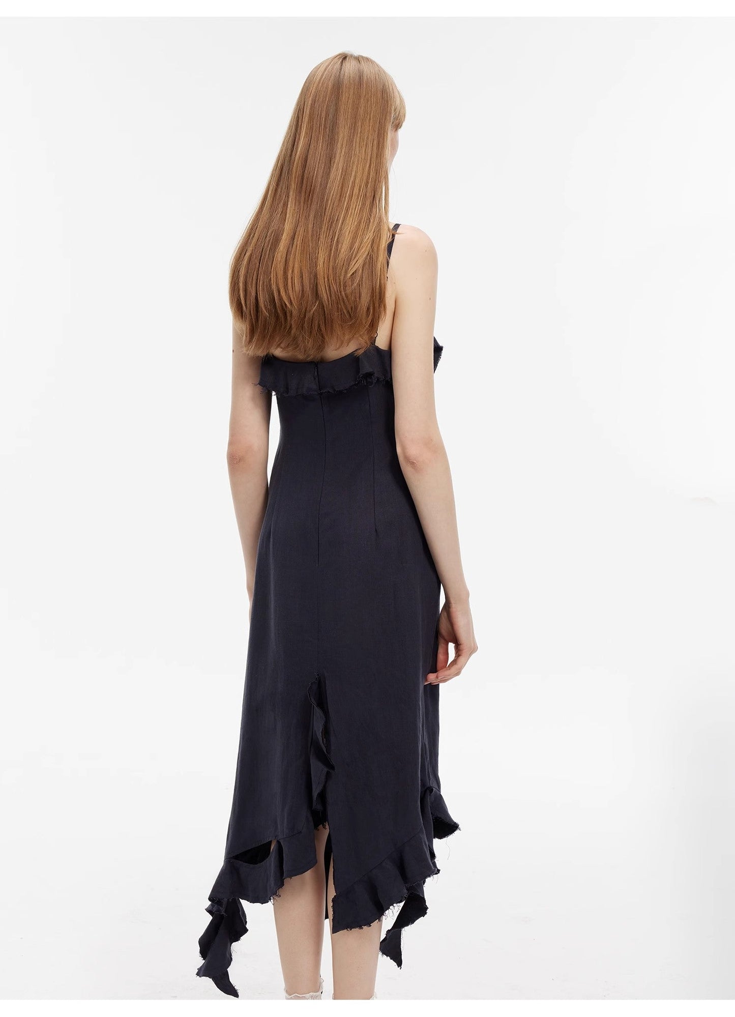 "Summer Whisper" Sand-Washed Linen Sling Ruffled Irregular Fit Sling Dress