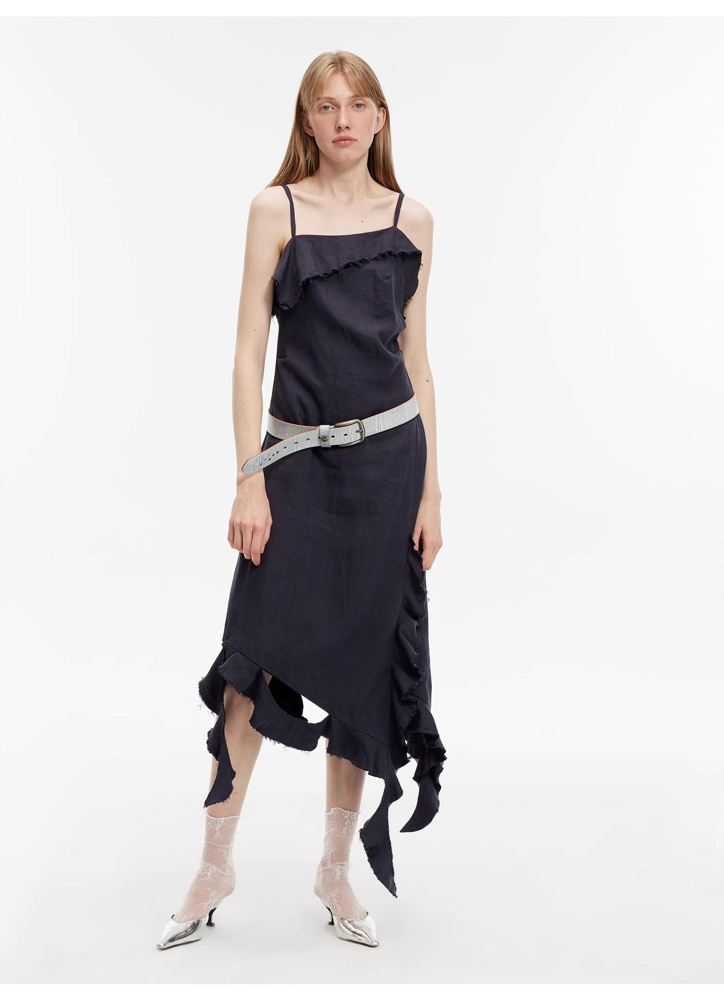 "Summer Whisper" Sand-Washed Linen Sling Ruffled Irregular Fit Sling Dress