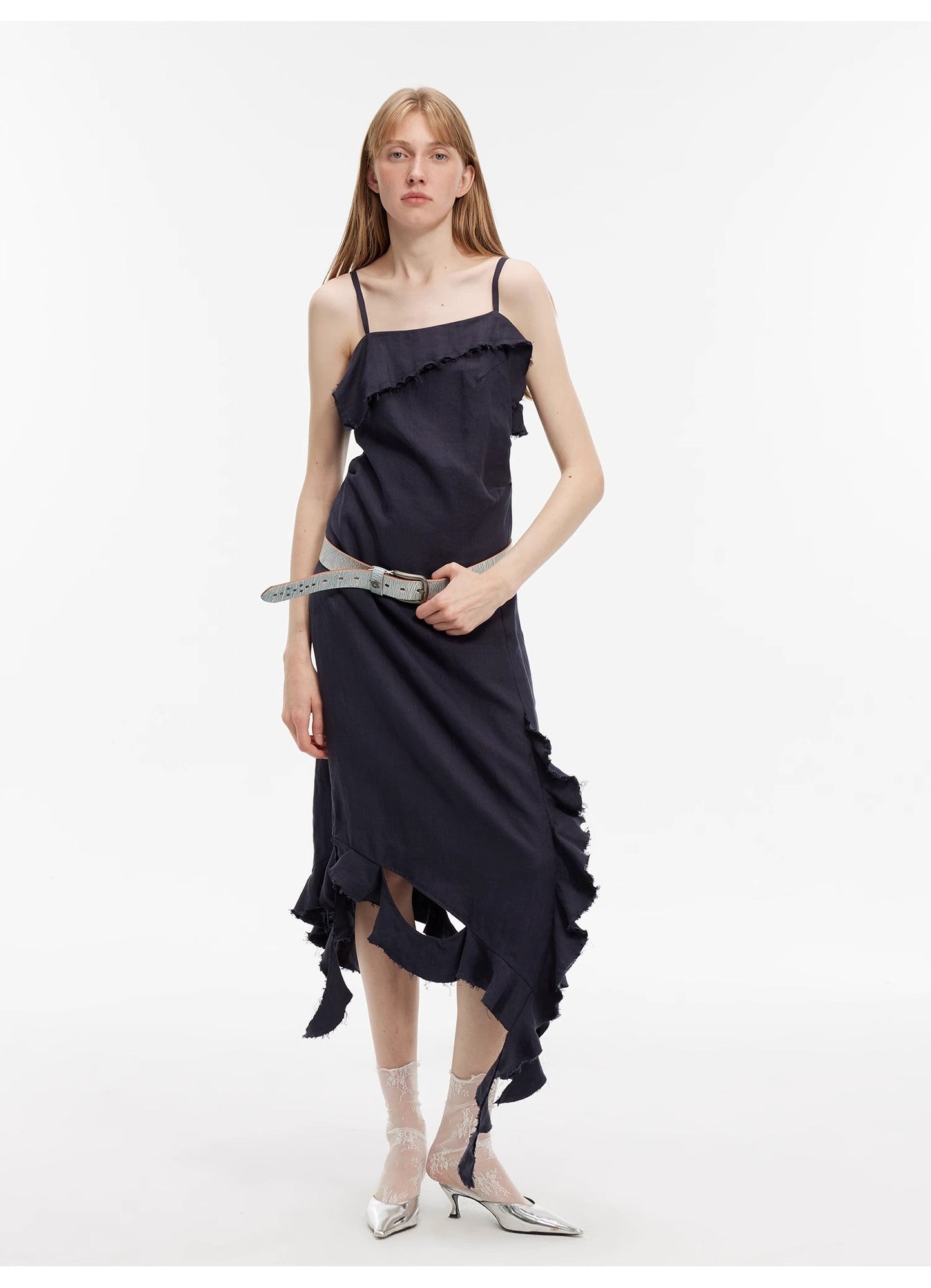 "Summer Whisper" Sand-Washed Linen Sling Ruffled Irregular Fit Sling Dress