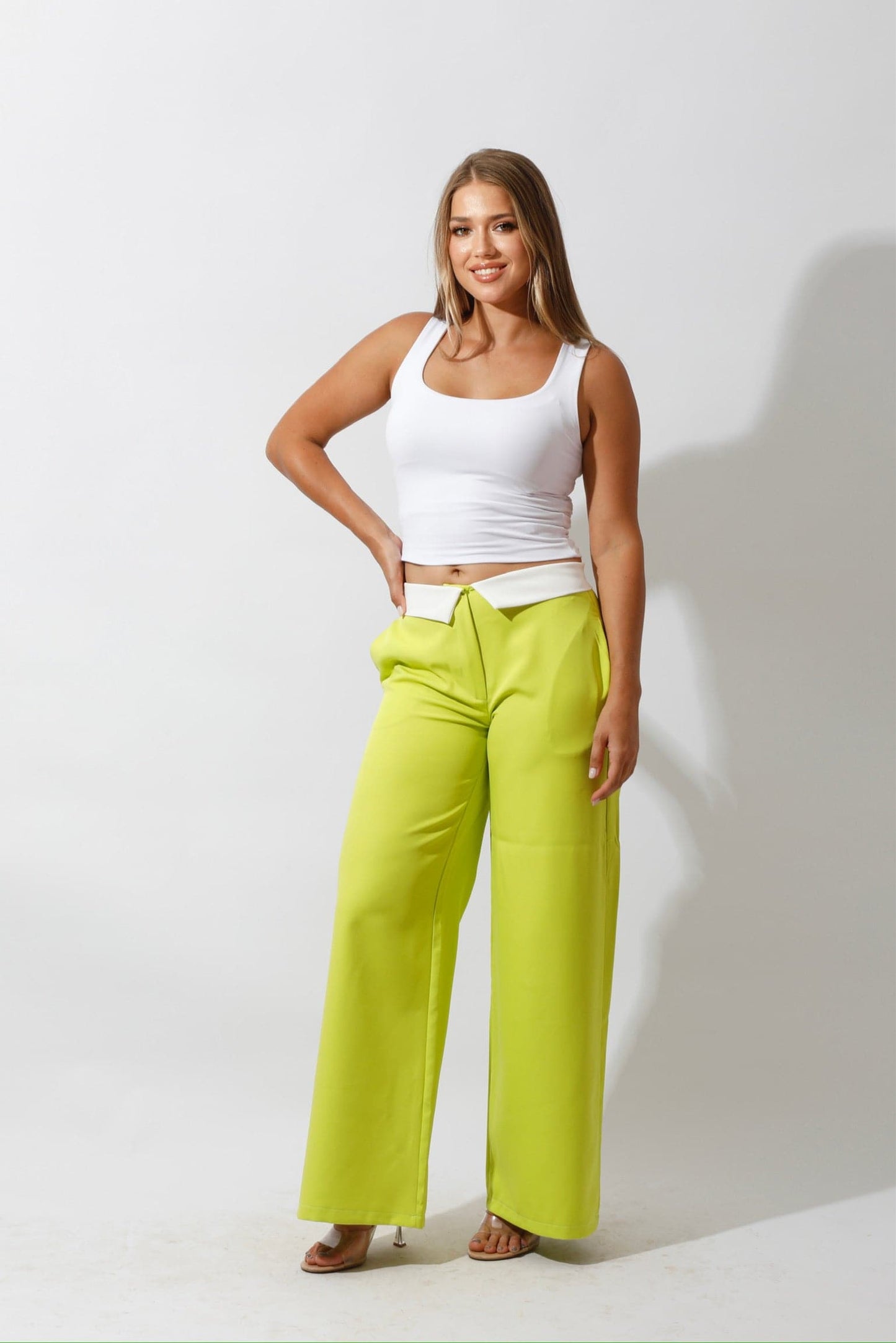 Reversed Waistband Wide Leg Pants - Lime Green
