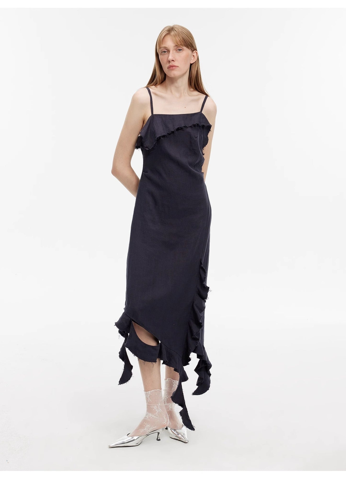 "Summer Whisper" Sand-Washed Linen Sling Ruffled Irregular Fit Sling Dress
