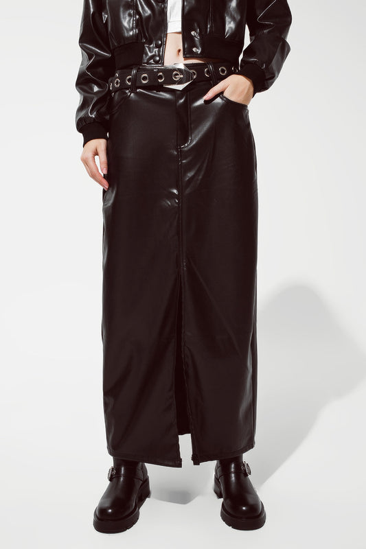 Maxi Faux Leather Skirt With Cut at the Front
