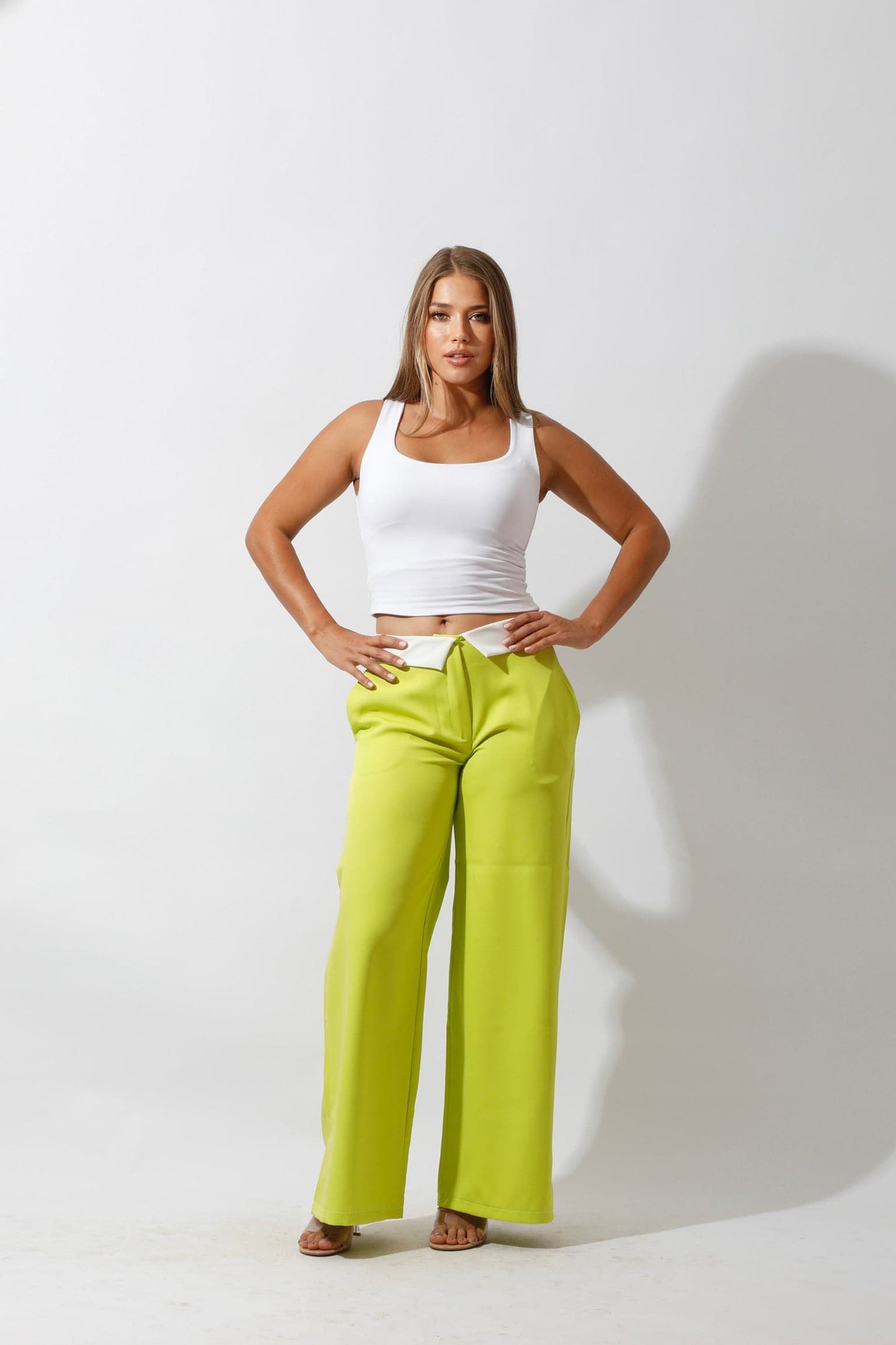 Reversed Waistband Wide Leg Pants - Lime Green