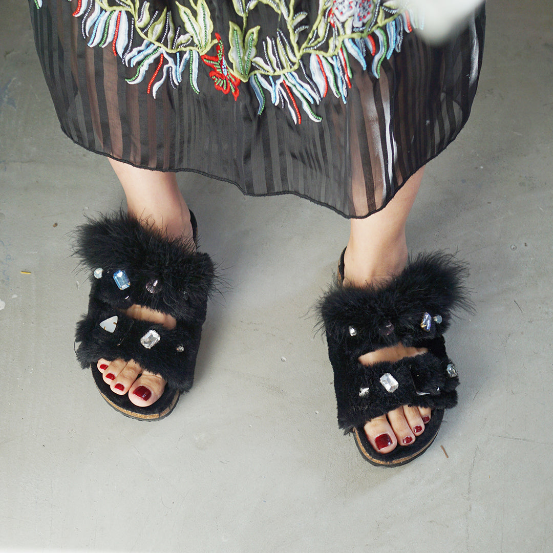 Shearling Fur Slide With Feather and Rhinestones - Black Flat Sandals