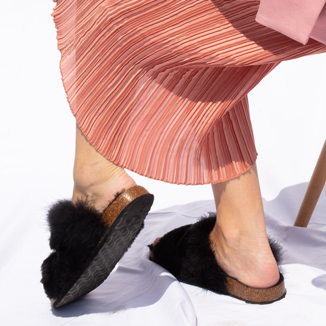 Shearling Fur Slide With Feather and Rhinestones - Black Flat Sandals