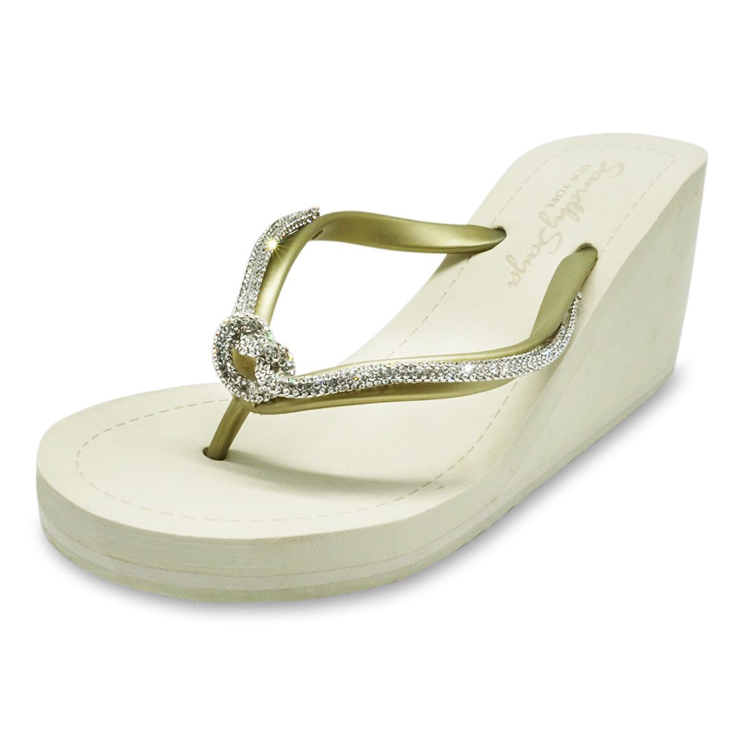 Knot_ Rhinestone Crystal Rope Embellished Women's High Wedge Flip Flops Sandal