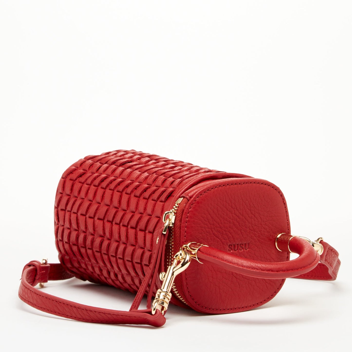SUSU Red Leather Purse Mini Crossbody Bag Weave Small Bucket Bag Women's Handbag