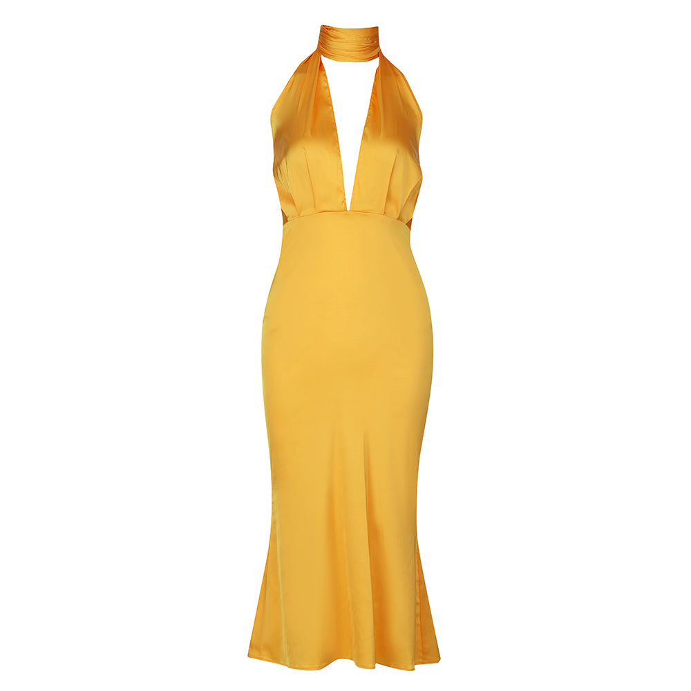 High Quality Luxury Golden Halter Hollow Out Sleeveless Backless Bow Midi Women Fashion Dresses Party Dresses
