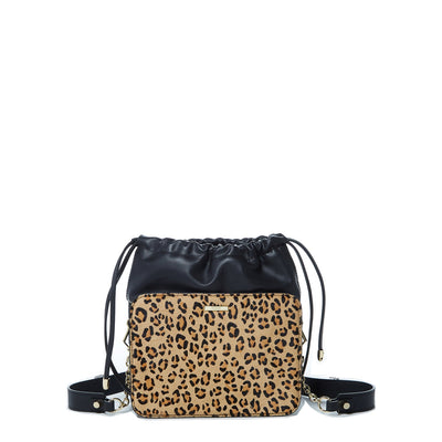 Cowhide Leather Leopard Print Drawstring Bag