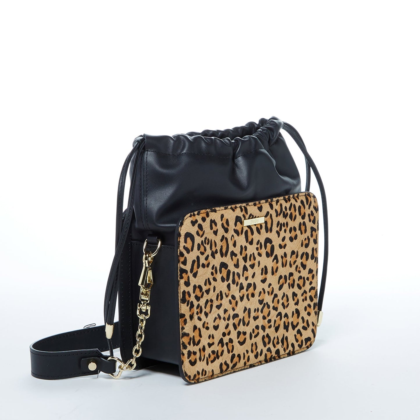 Cowhide Leather Leopard Print Drawstring Bag