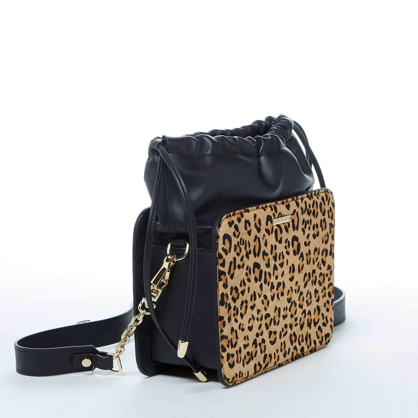 Cowhide Leather Leopard Print Drawstring Bag