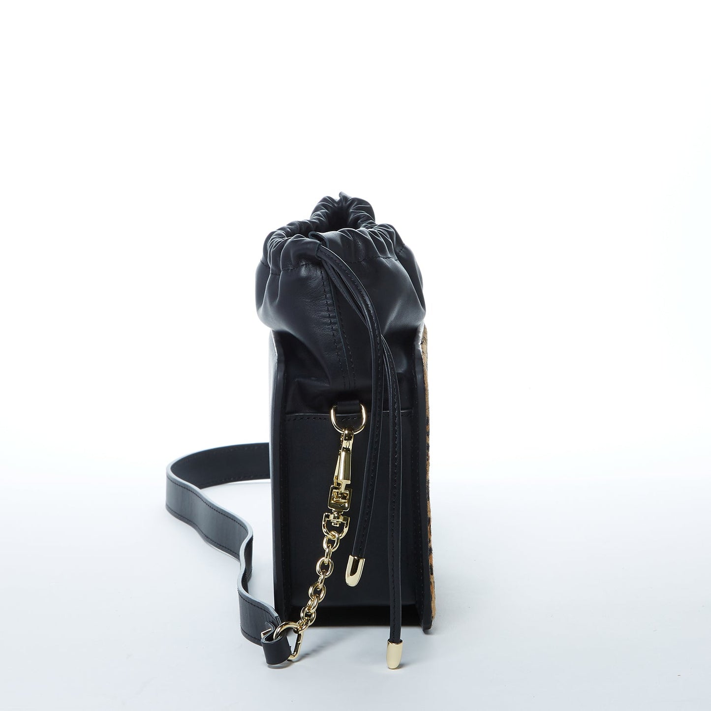 Cowhide Leather Leopard Print Drawstring Bag