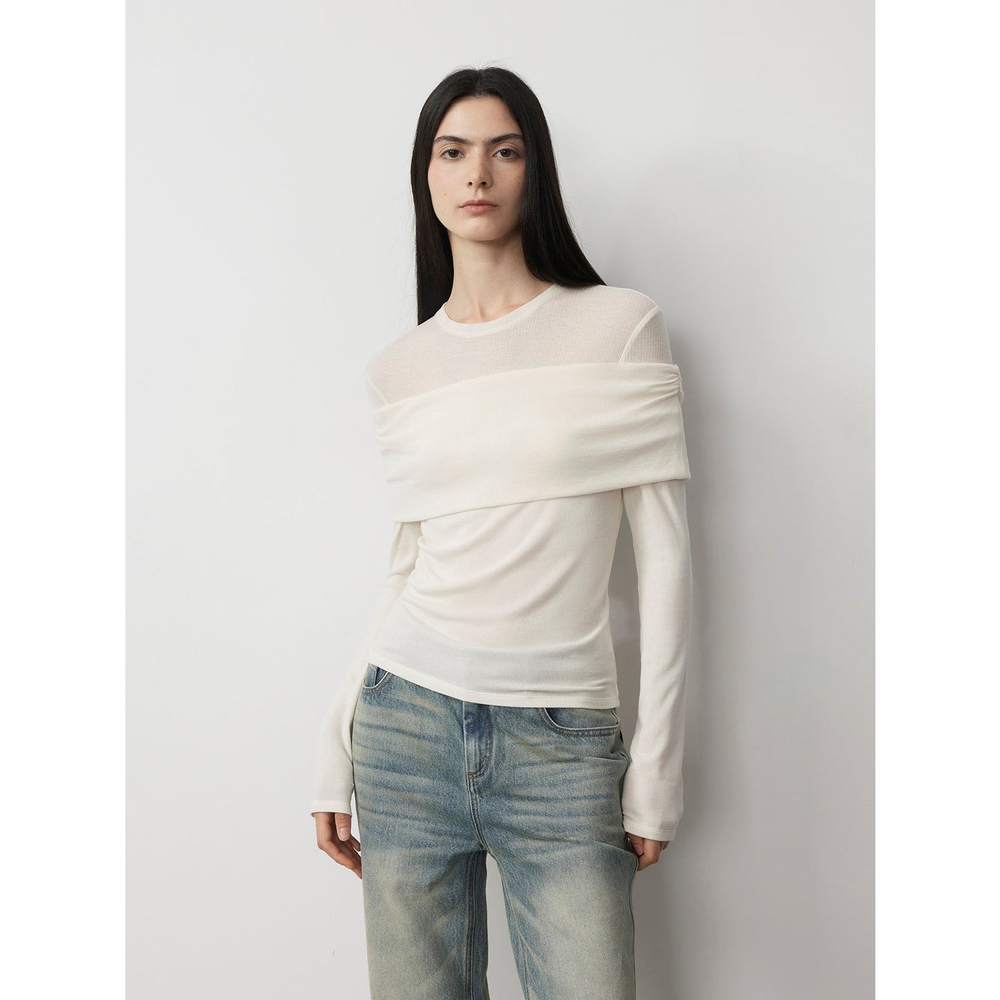 "Modern Tricks" Layere Splicing One-Shoulder Sheer Shirt