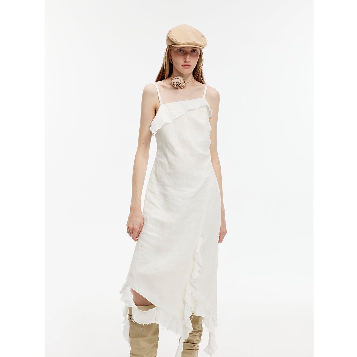 "Summer Whisper" Sand-Washed Linen Sling Ruffled Irregular Fit Sling Dress