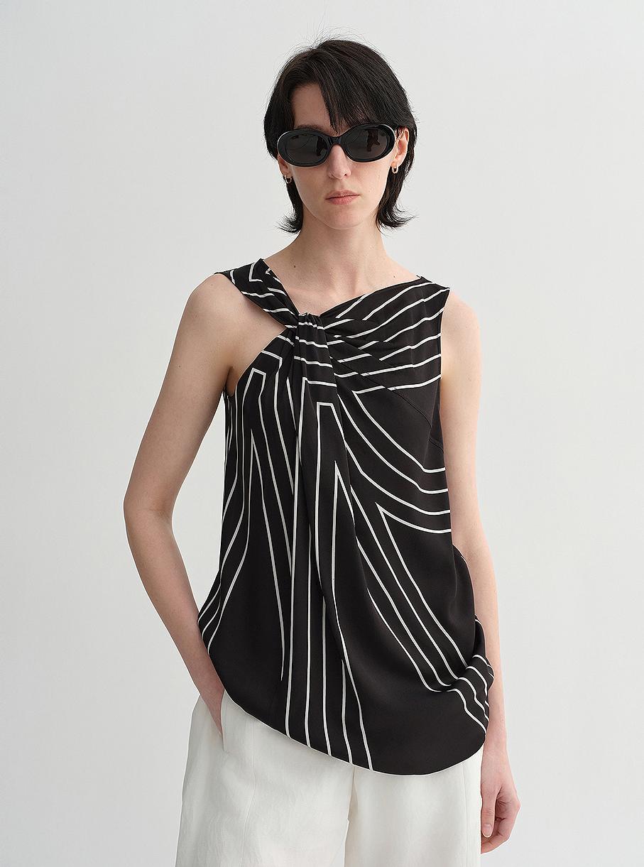 Elastic Silk Twisted Collar Original Geometric Print Slim Fit Multi-Occasion T-Shirt Sleeveless Vest for Women
