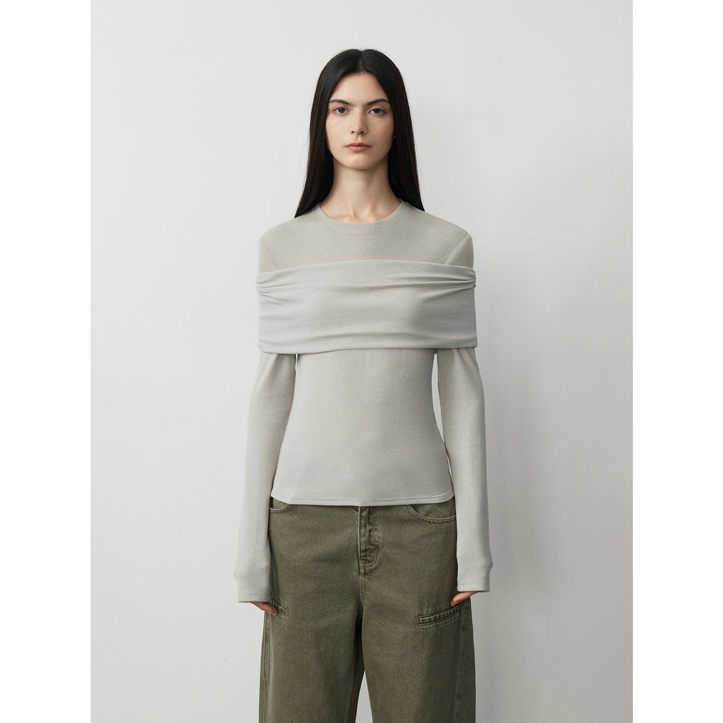 "Modern Tricks" Layere Splicing One-Shoulder Sheer Shirt