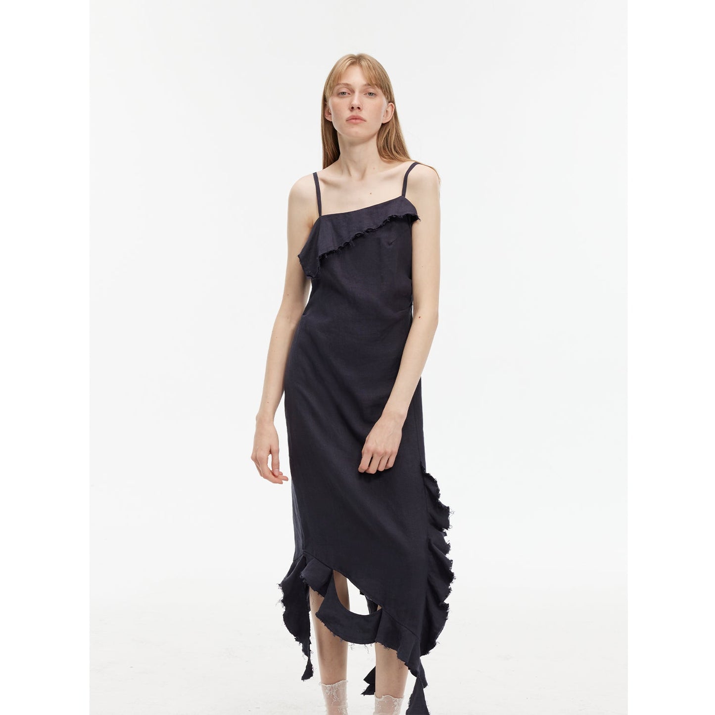 "Summer Whisper" Sand-Washed Linen Sling Ruffled Irregular Fit Sling Dress