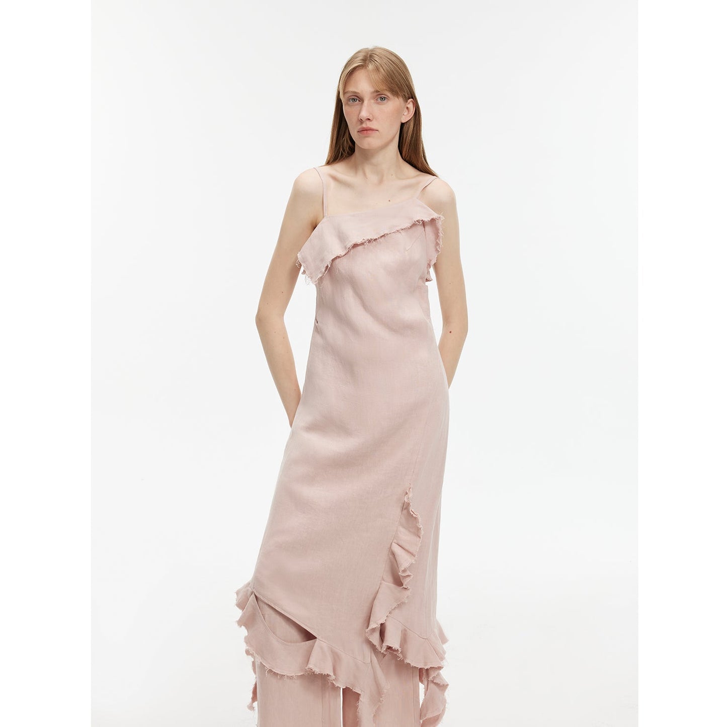 "Summer Whisper" Sand-Washed Linen Sling Ruffled Irregular Fit Sling Dress