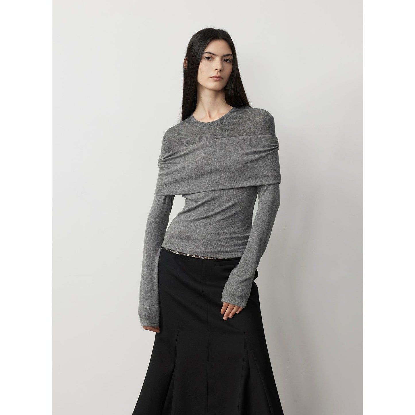 "Modern Tricks" Layere Splicing One-Shoulder Sheer Shirt