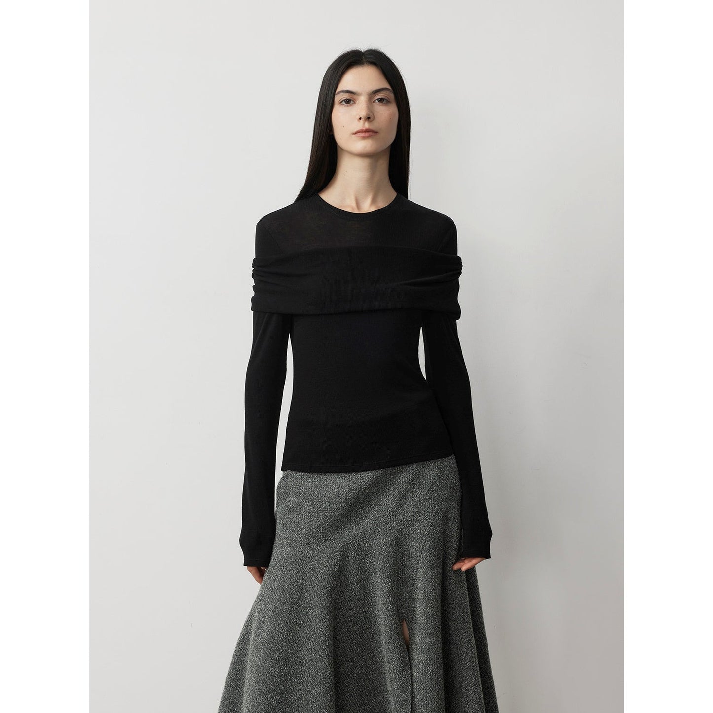"Modern Tricks" Layere Splicing One-Shoulder Sheer Shirt