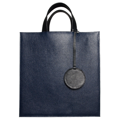 Pebbled Leather Briefcase Tote Bag Navy