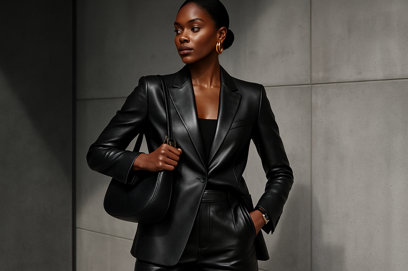 African American woman in upscale contemporary leather outfit