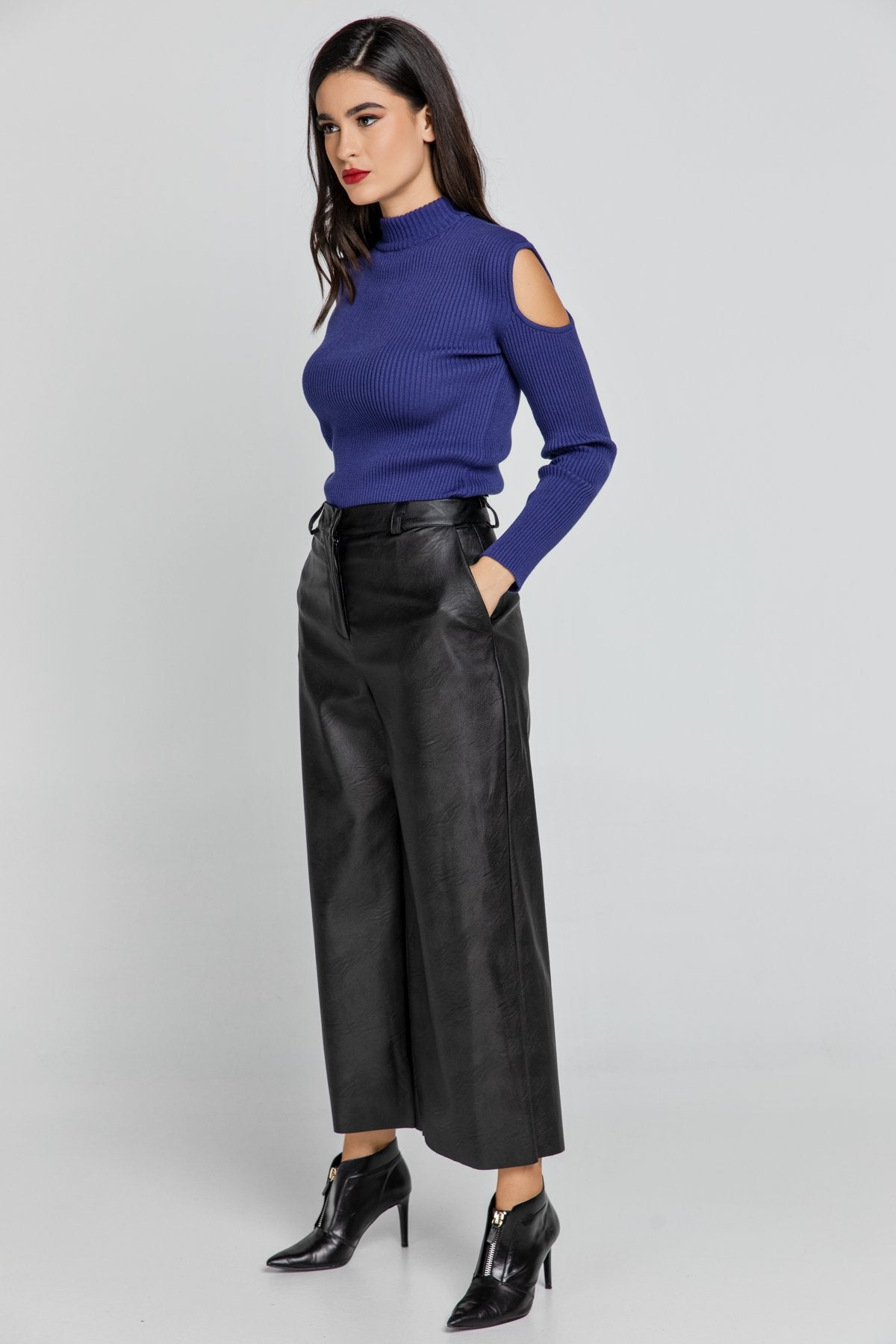 Black Faux Leather Culottes by Conquista Fashion