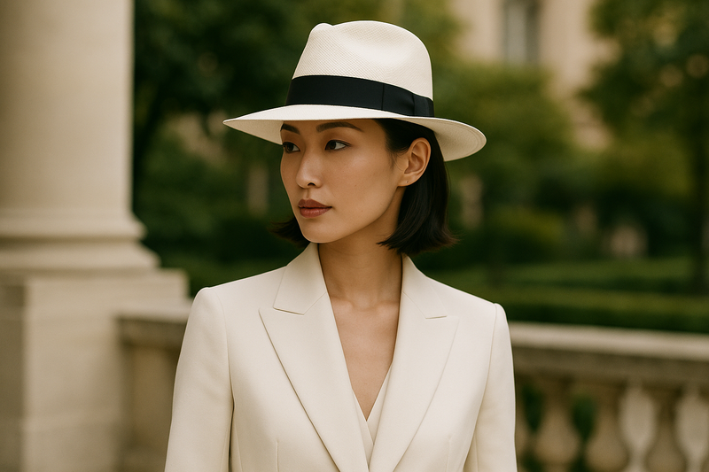 Chic Asian woman wearing sophisticated panama hat, no bag