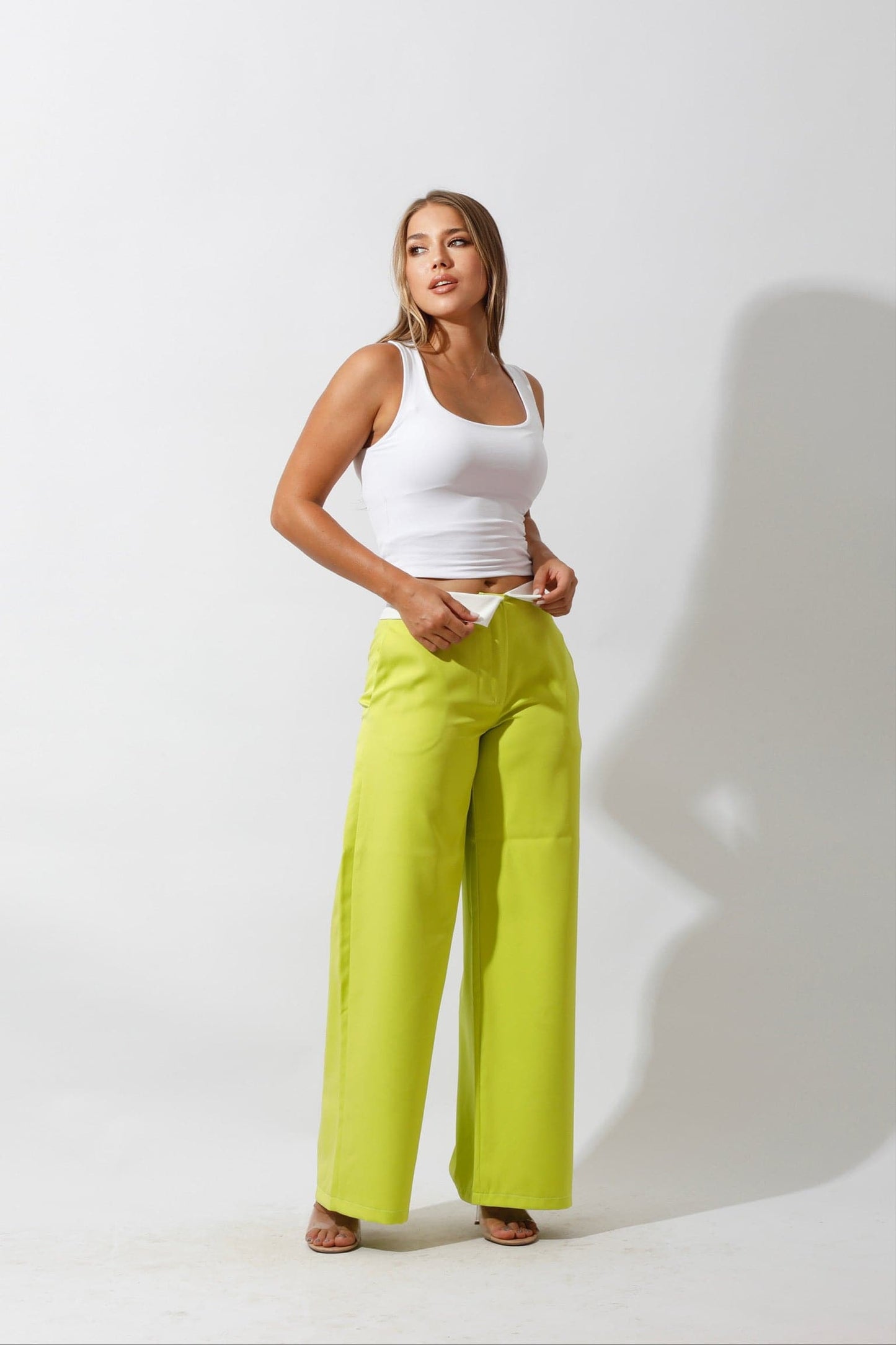 Reversed Waistband Wide Leg Pants - Lime Green