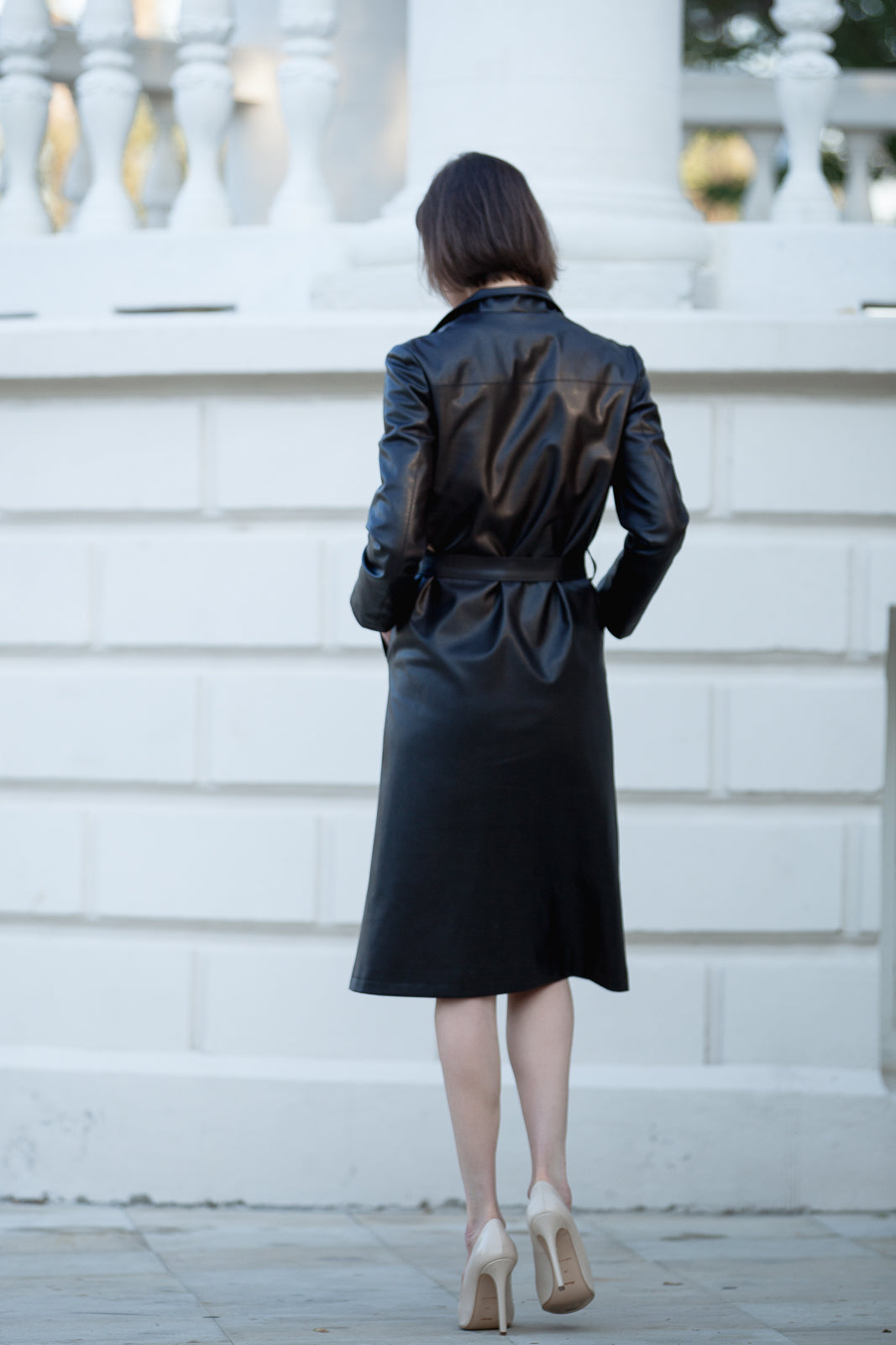 Faux Leather Midi Coat With Belt