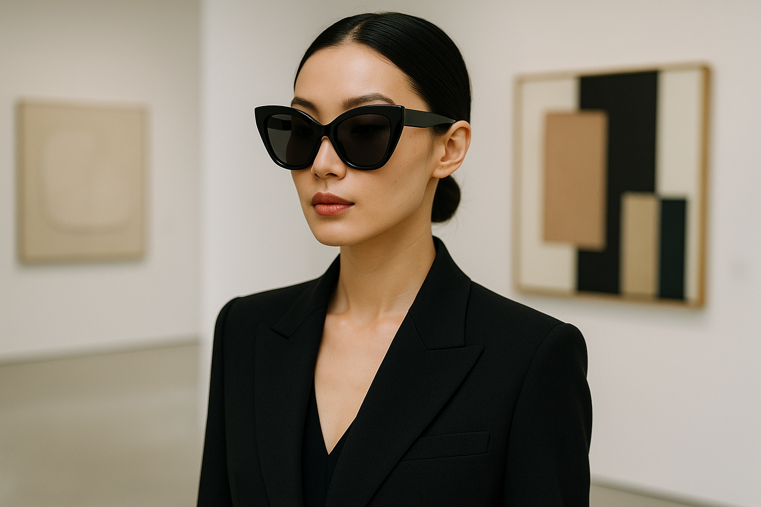 Elegant Asian woman in modern art gallery with sunglasses