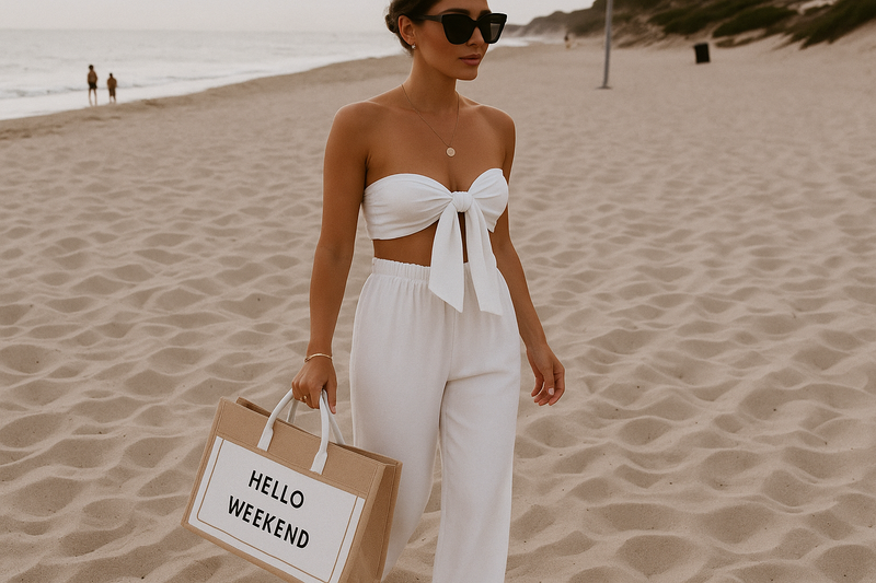 Elegant woman in casual summer beach outfit with designer accessories
