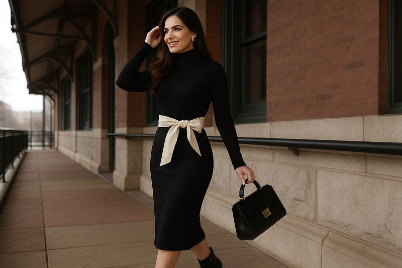 Elegant woman in chic black dress with statement bow belt