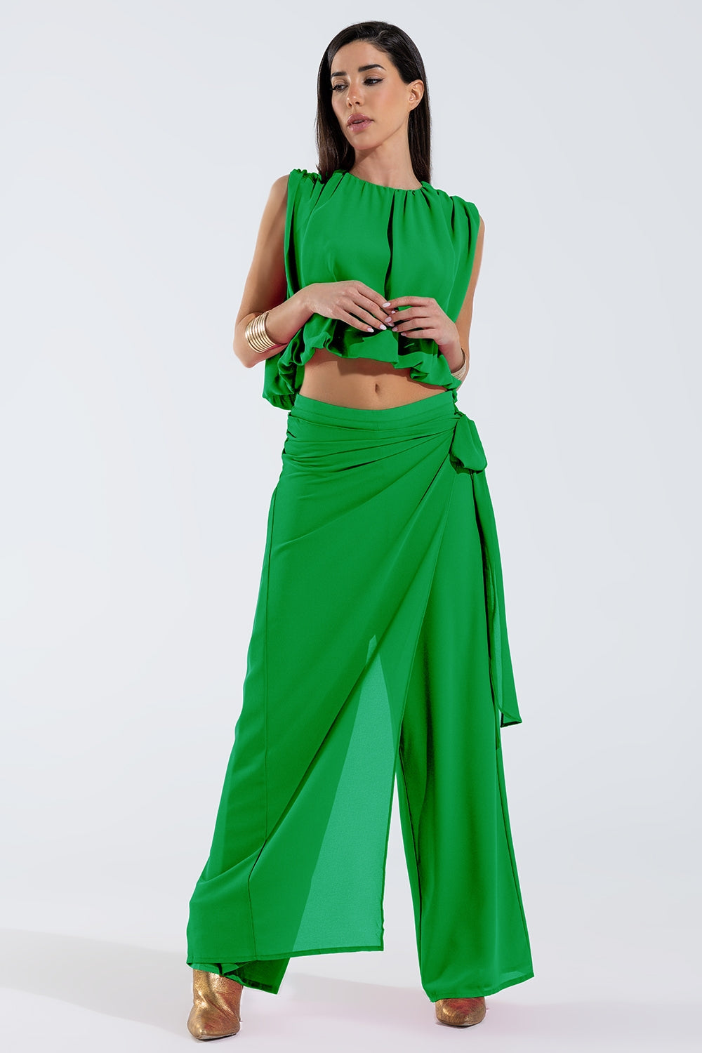 Green Chiffon Top With Ruche Design