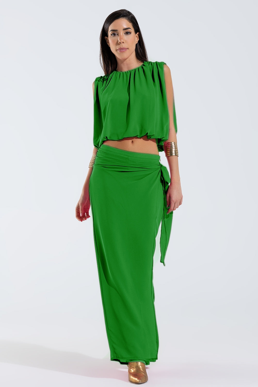 Green Chiffon Top With Ruche Design