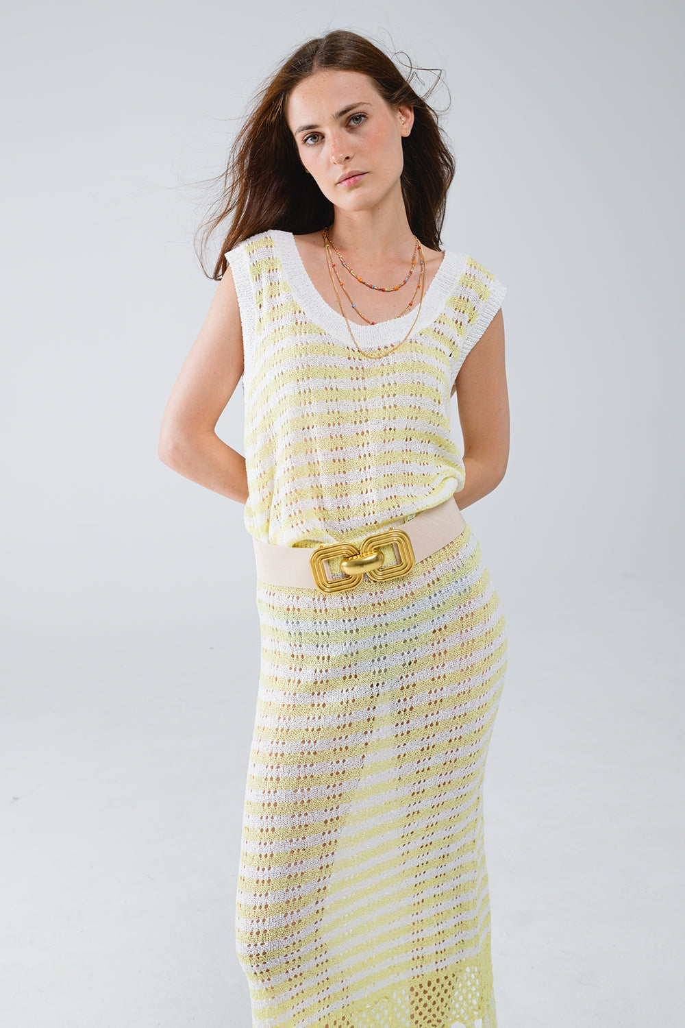 Open Knit Cropped Striped Sleeveless Sweater in Yellow and White