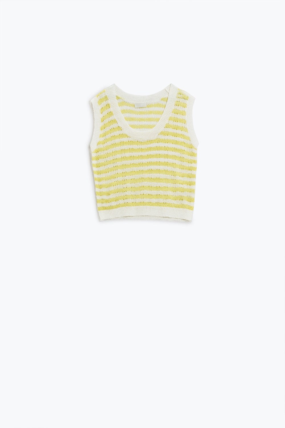 Open Knit Cropped Striped Sleeveless Sweater in Yellow and White