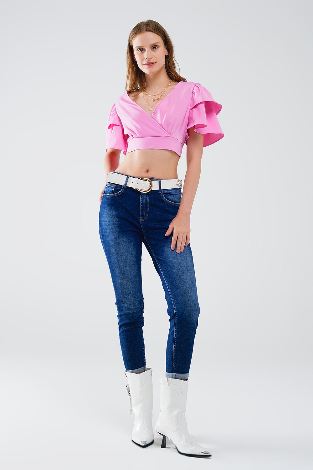 Pink Crop Top With Short Sleeves and V-Neck