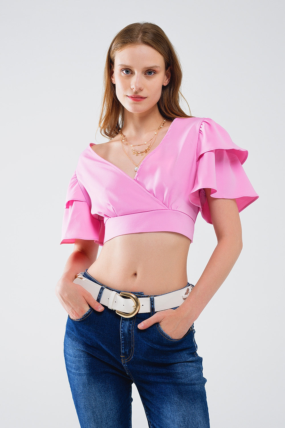 Pink Crop Top With Short Sleeves and V-Neck
