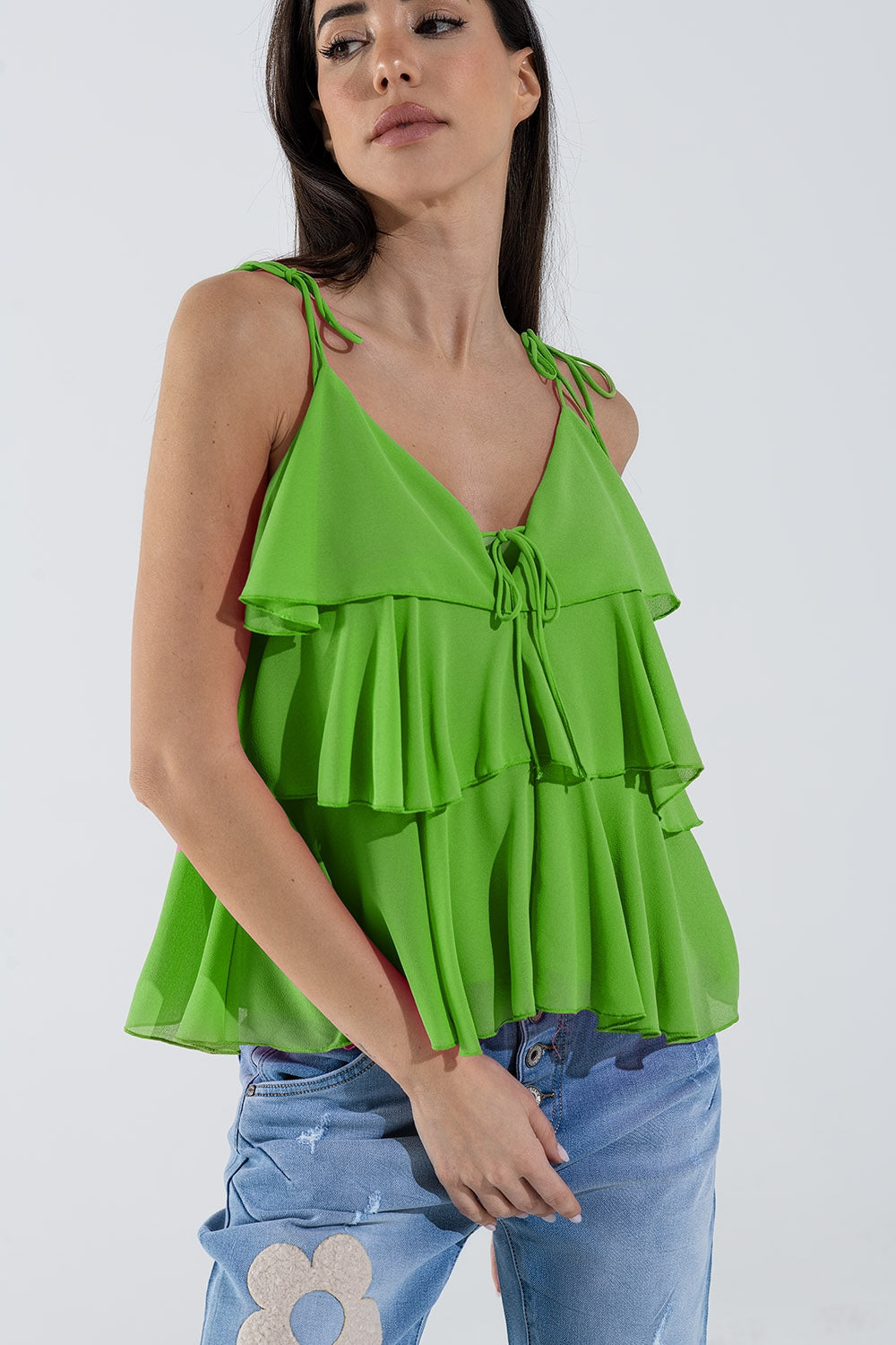 Ruffle Top WIth Thin Straps in Green