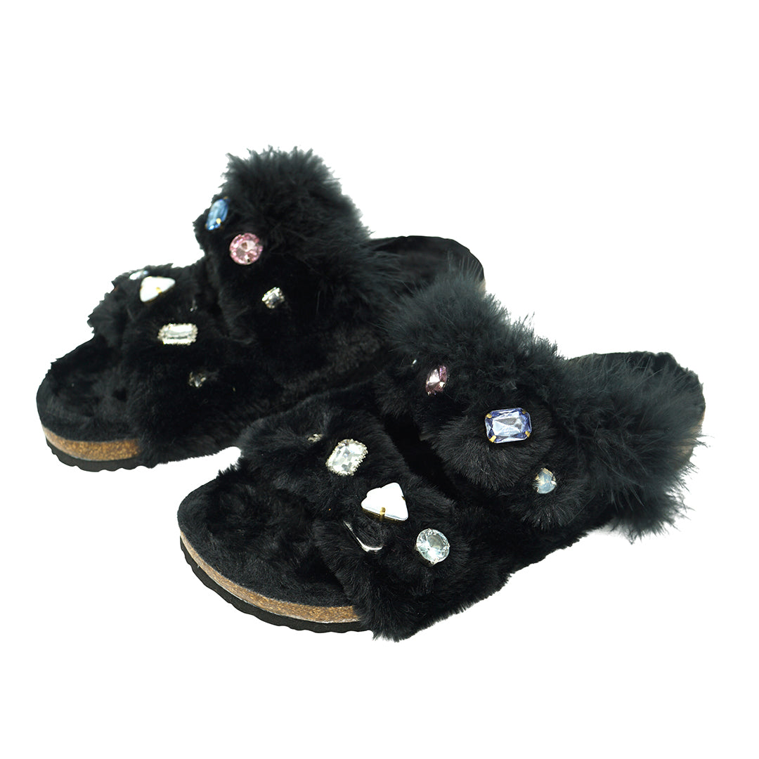Shearling Fur Slide With Feather and Rhinestones - Black Flat Sandals