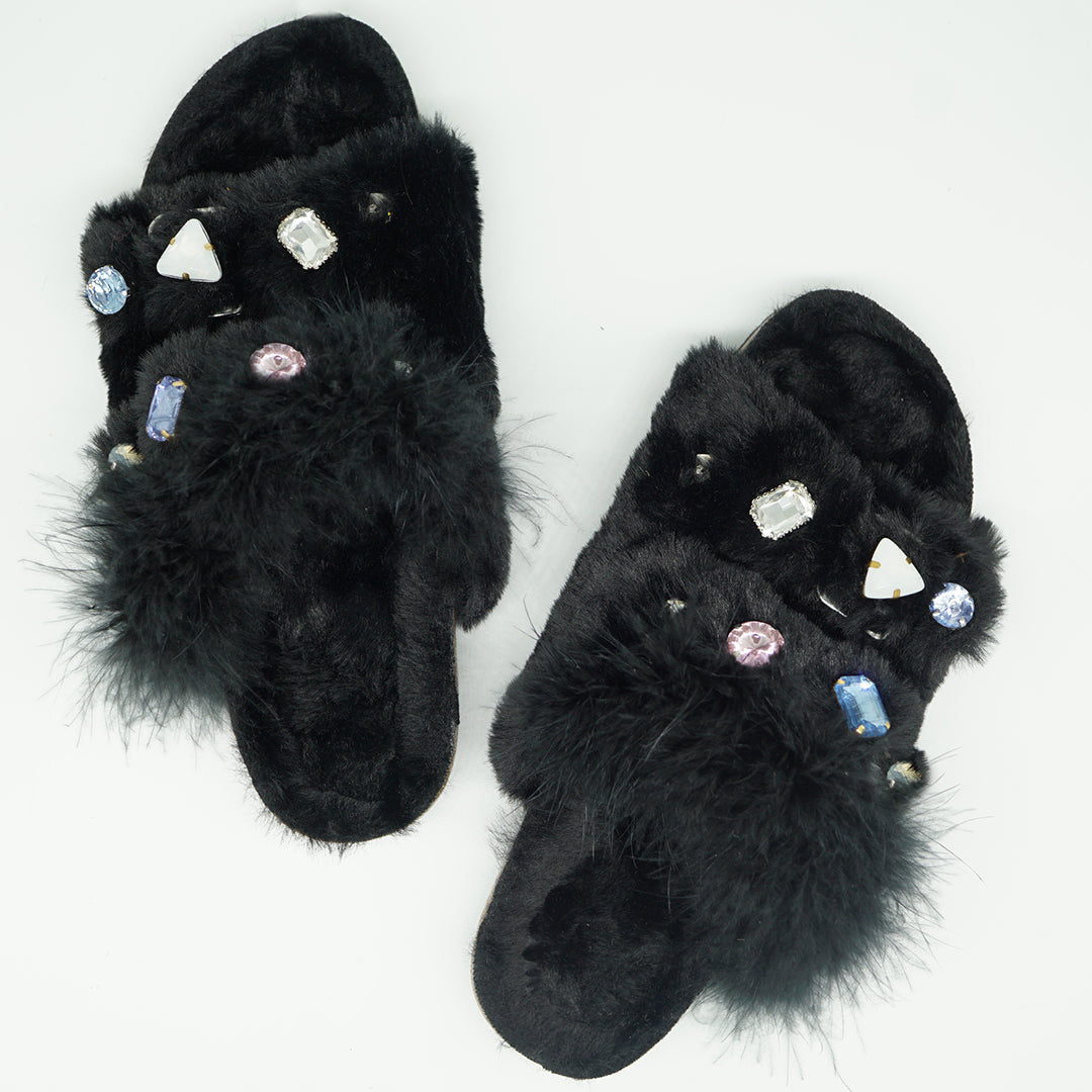 Shearling Fur Slide With Feather and Rhinestones - Black Flat Sandals