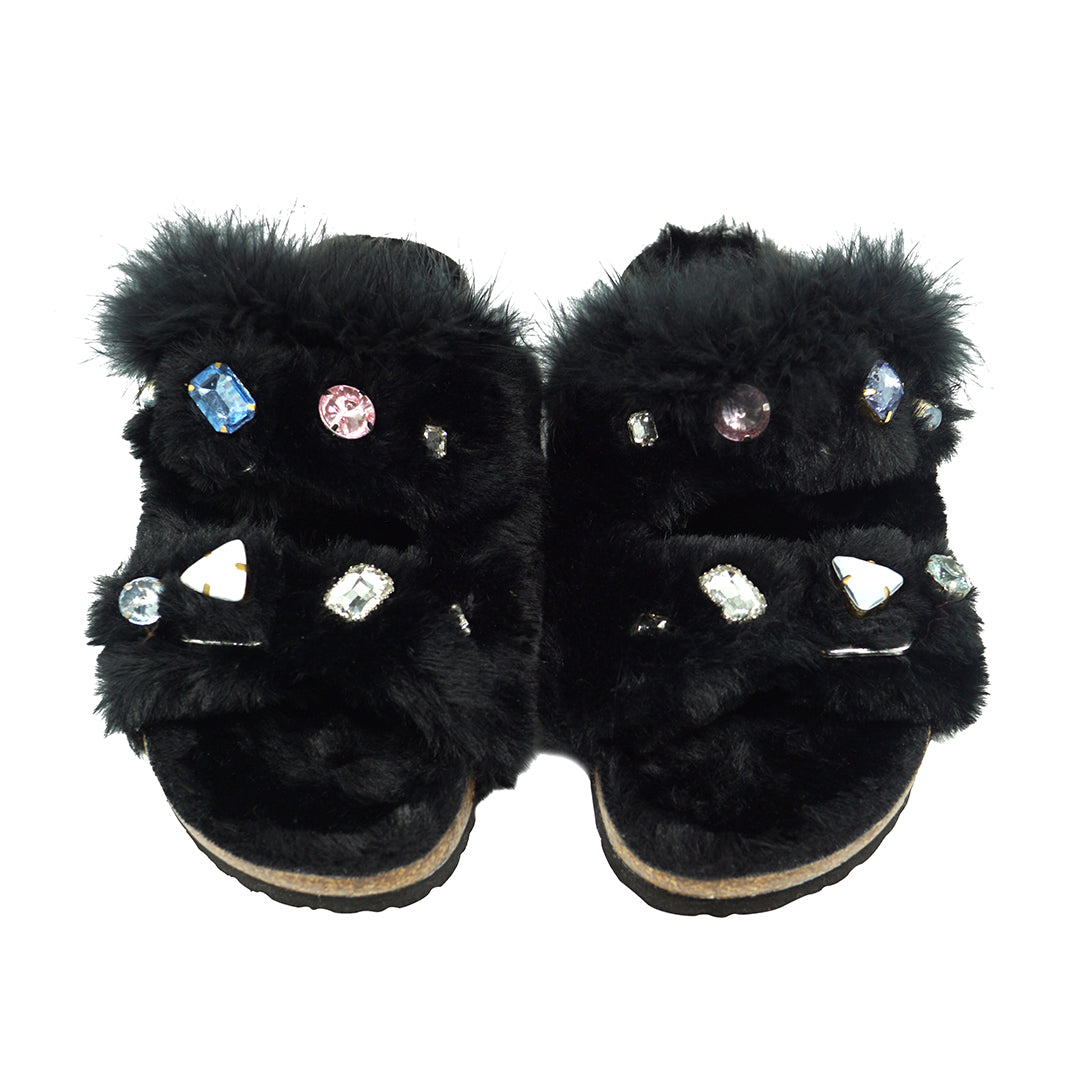 Shearling Fur Slide With Feather and Rhinestones - Black Flat Sandals