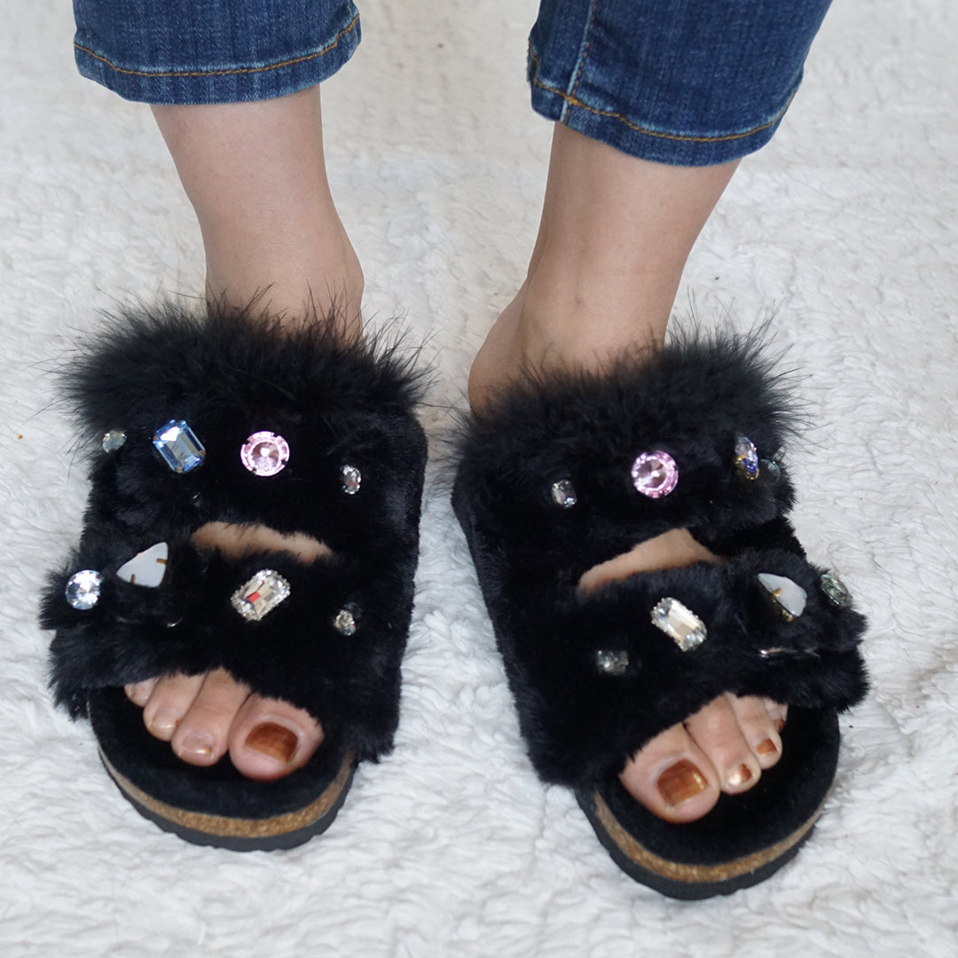 Shearling Fur Slide With Feather and Rhinestones - Black Flat Sandals