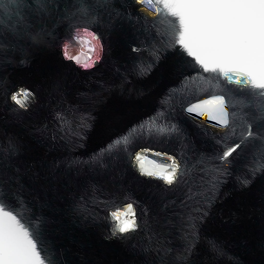 Shearling Fur Slide With Feather and Rhinestones - Black Flat Sandals