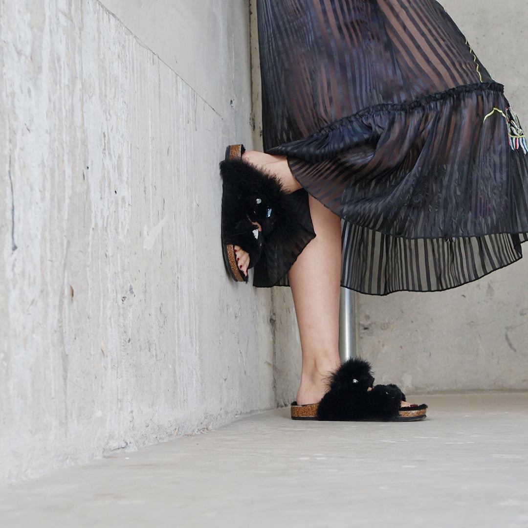 Shearling Fur Slide With Feather and Rhinestones - Black Flat Sandals